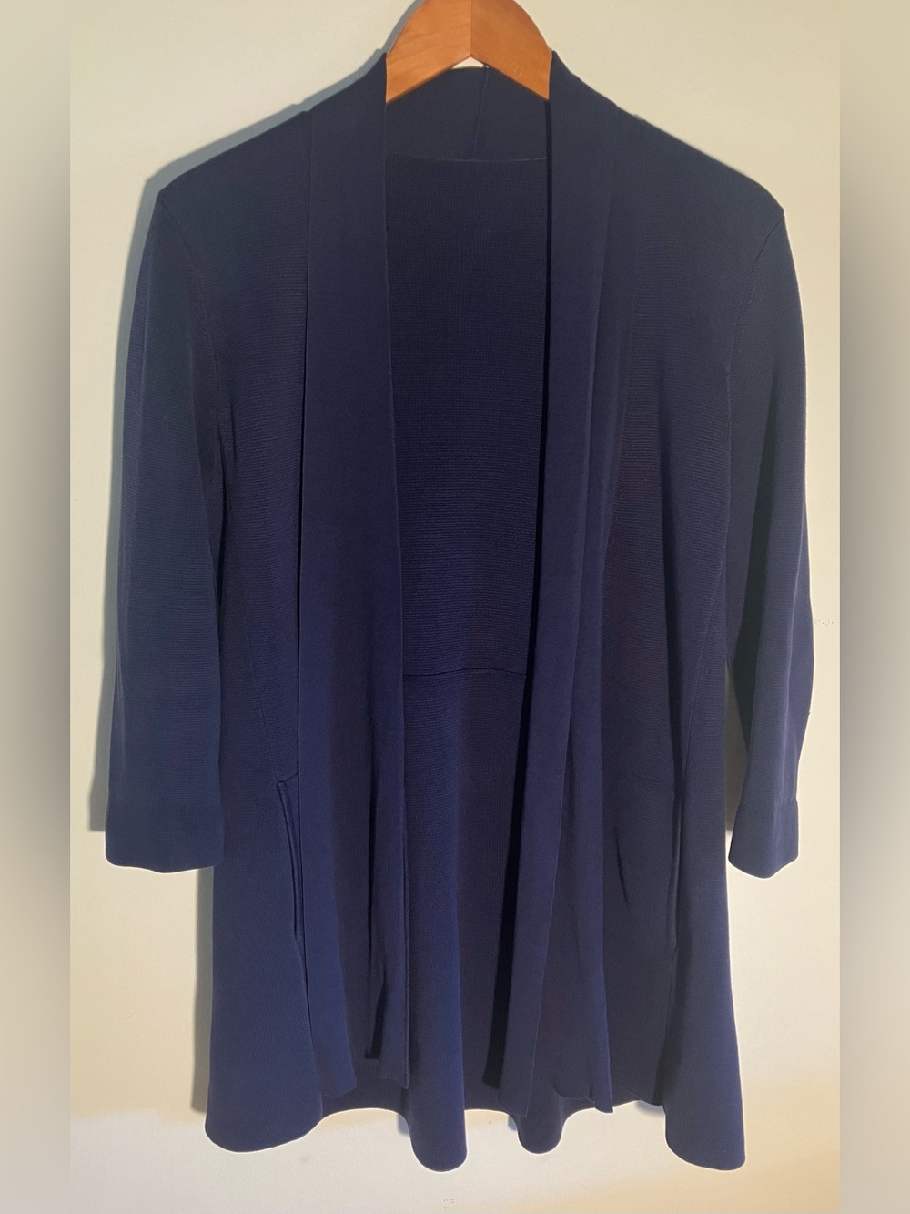 Eileen Fisher Long Open Front Navy Silk-Cotton Interlock Cardigan Sweater XS